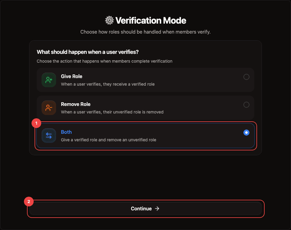 RestoreCord verification role mode step with role action options highlighted