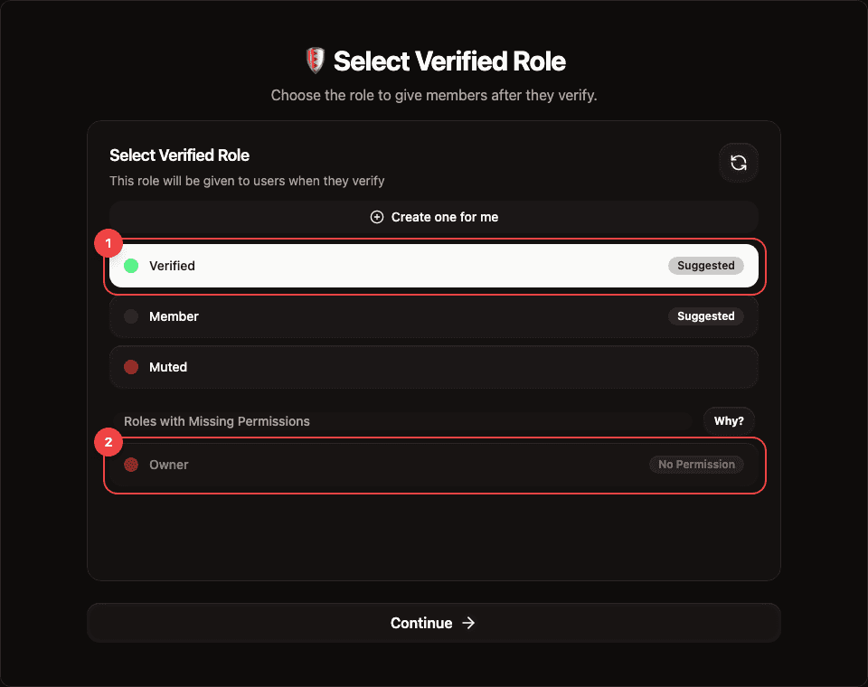 RestoreCord role selection step with the verified role and continue button highlighted