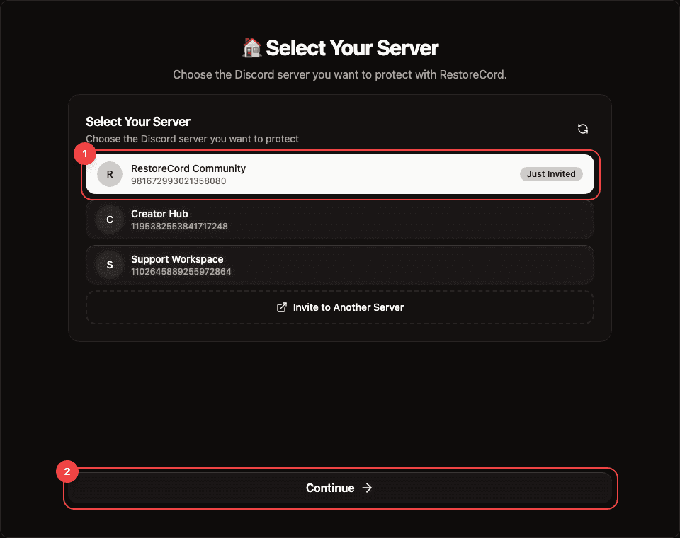 RestoreCord server selection step with the target server and continue button highlighted
