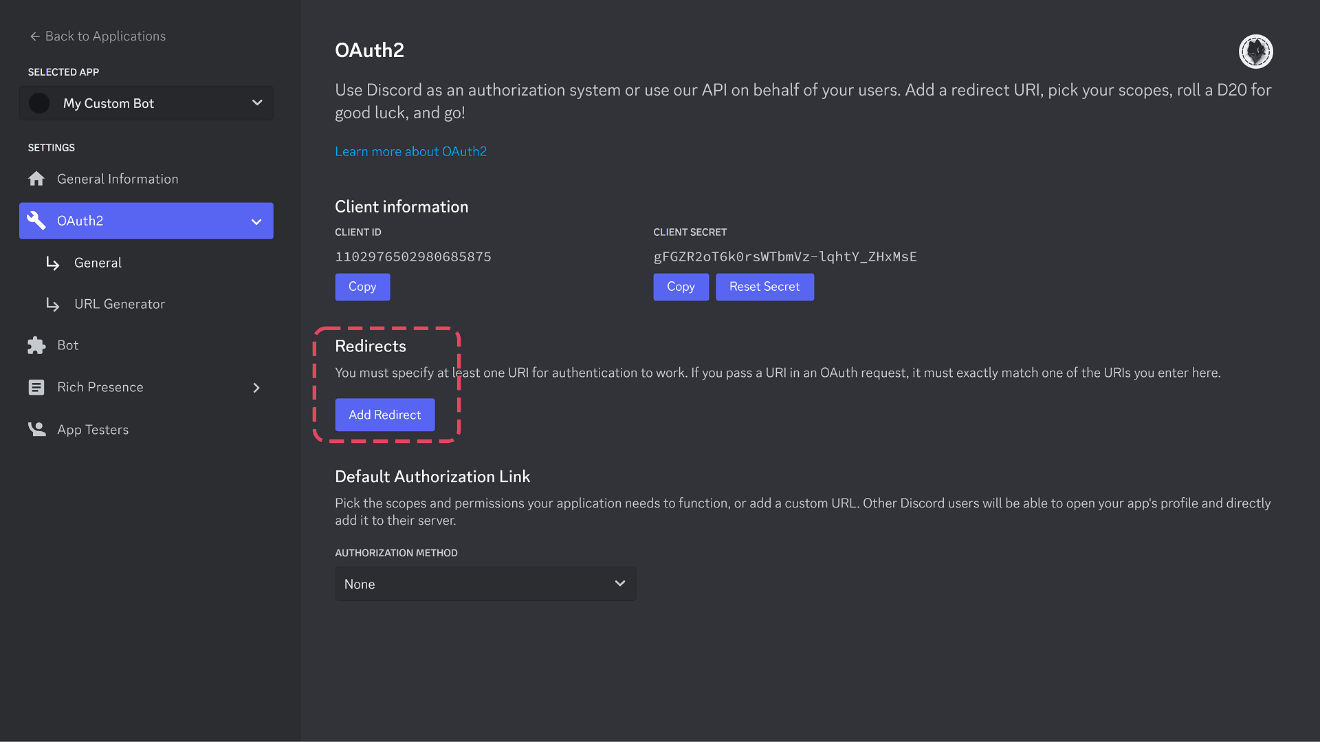 Discord OAuth2 redirect URL configuration